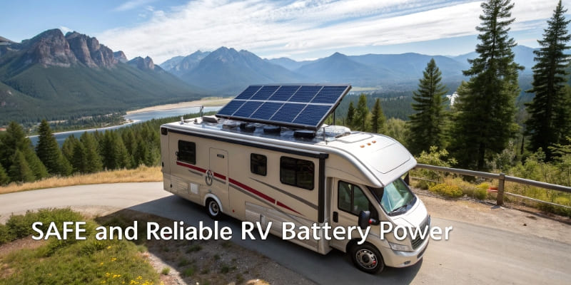Safe and reliable RV battery power A modern RV with solar panels parked in a scenic location