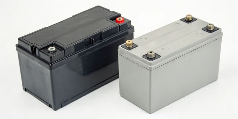 A close-up view of an LFP battery cell next to an NMC battery cell