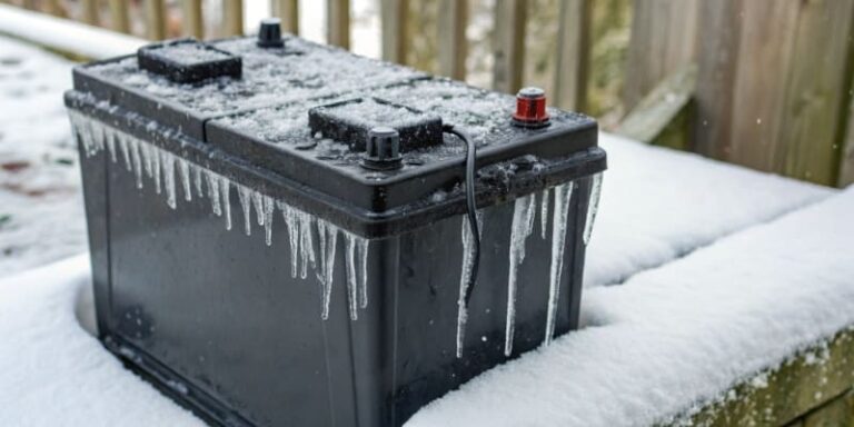 Battery with icicles in outdoor snowy cold