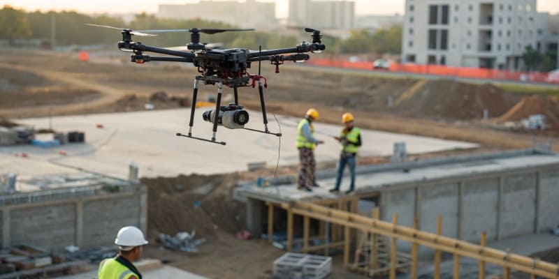 A professional drone flying over a construction site