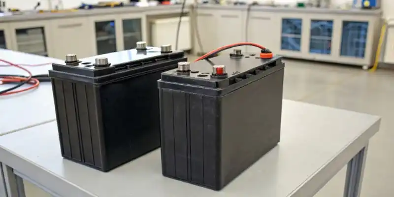 A close-up view of a battery's internal structure, comparing LFP and NMC cells