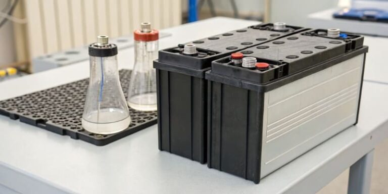 Battery sample tested with lab equipment