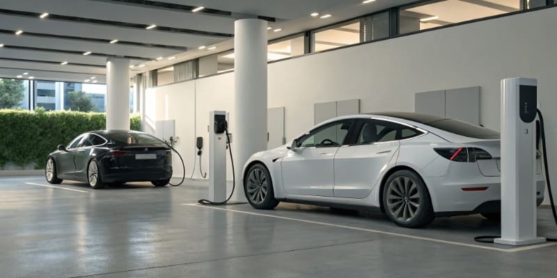 A car driving in a snowy landscape with a battery icon showing low power