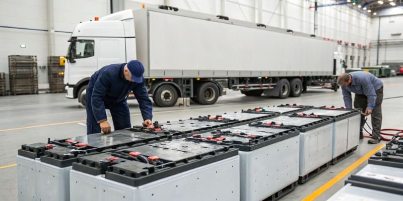 Truck battery installation at distribution center