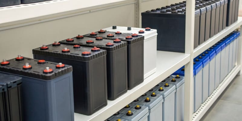 A variety of custom lithium batteries from Litop arranged on a clean shelf