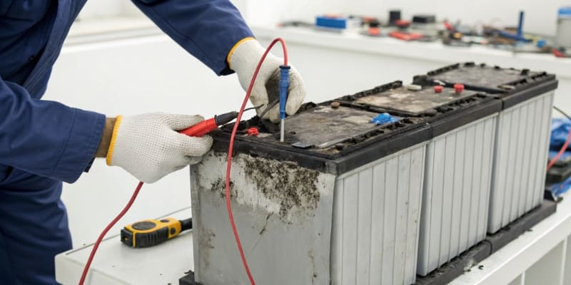 Technician repairing large batteries