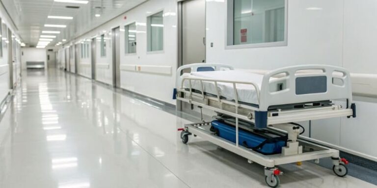 Hospital bed in medical facility hallway