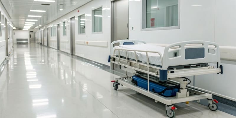 Hospital bed in medical facility hallway