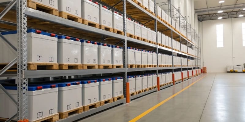 A well-organized warehouse shelf with boxes of lithium batteries, labeled for safety