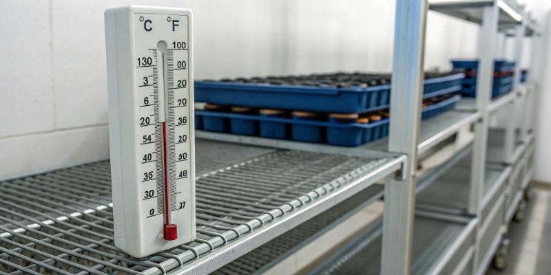 A lithium battery inside a hot garage with a warning sign