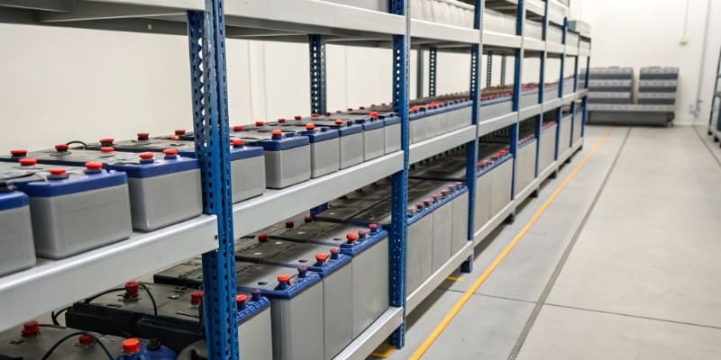 A well-organized shelf of lithium batteries in a climate-controlled warehouse