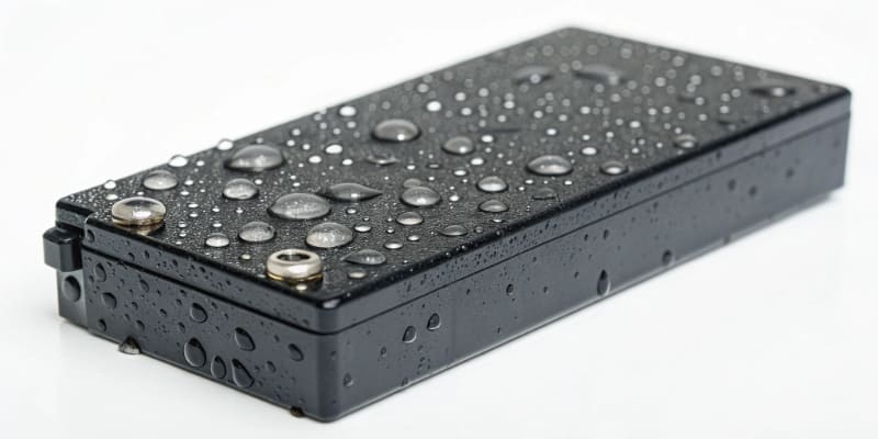 Water-resistant lithium battery with droplets