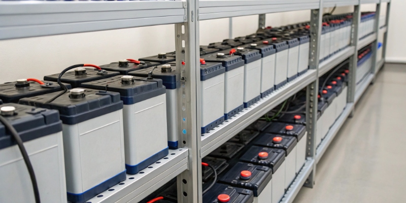 A collection of lithium batteries stored on a shelf