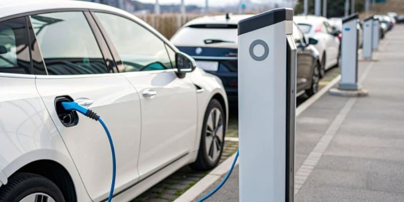 EV Battery Lifespan An electric car charging with a focus on the battery icon