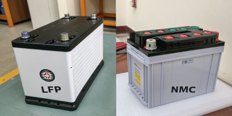 LFP vs NMC Battery Comparison A split image showing an LFP battery pack on one side and an NMC battery pack on the other