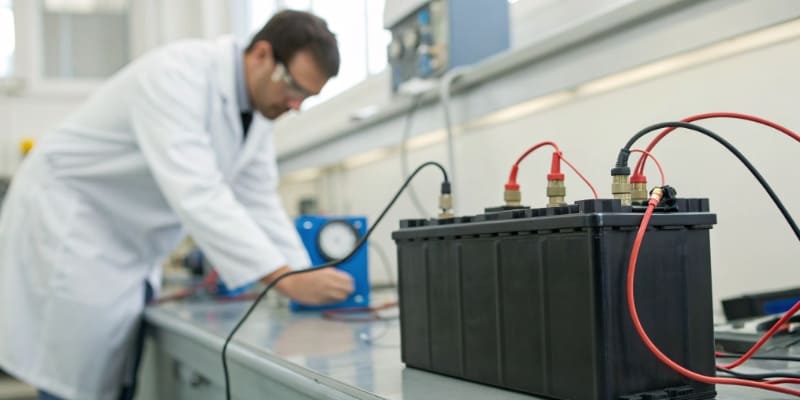 A lithium-ion battery being tested with electronic equipment