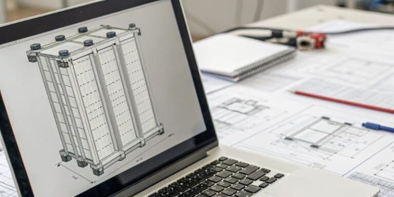 3d battery module design on laptop screen