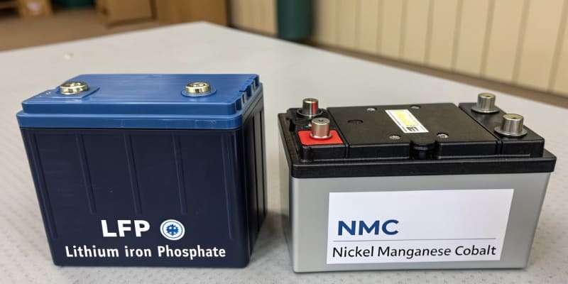 A side-by-side comparison of an LFP and NMC battery cell