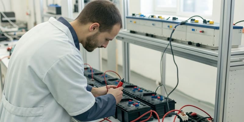 Technician testing energy storage batteries lab