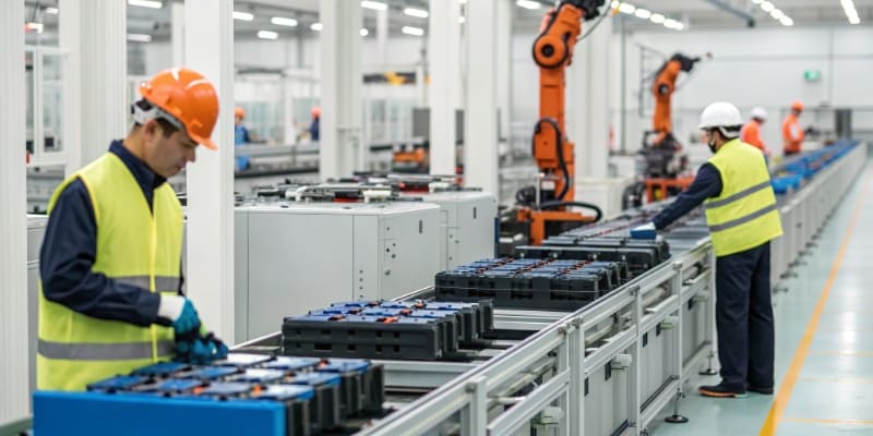 An assembly line producing LFP battery cells