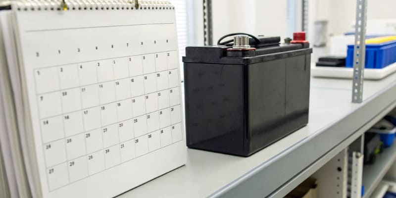 An icon showing a battery on a shelf next to a calendar