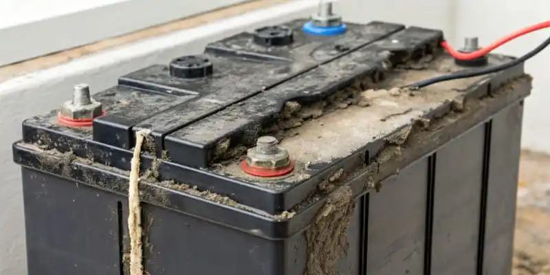 Diagram showing moisture entering a lithium-ion battery cell and causing corrosion