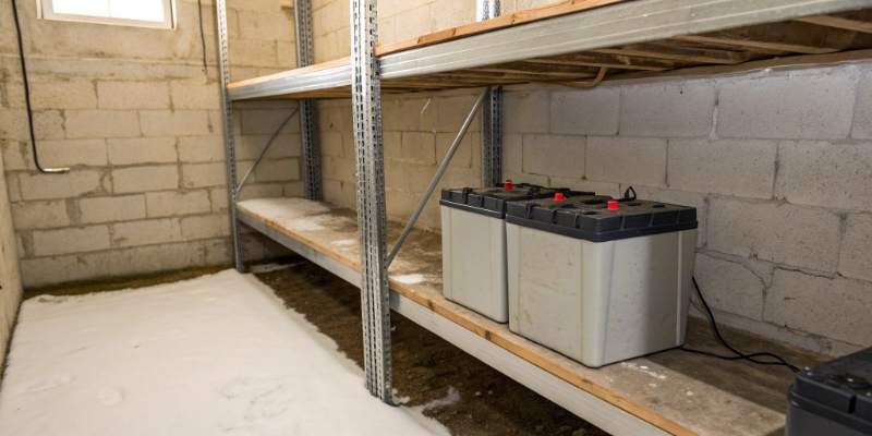 Winter Lithium Battery Storage A lithium battery stored on a shelf in a clean, dry basement during winter