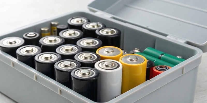Various batteries stored in box