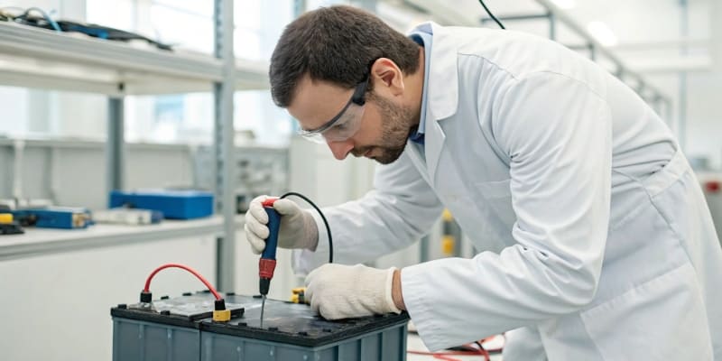 A technician testing a lithium-ion battery's cycle life