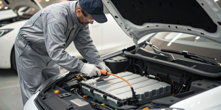 Technician working on EV battery installation