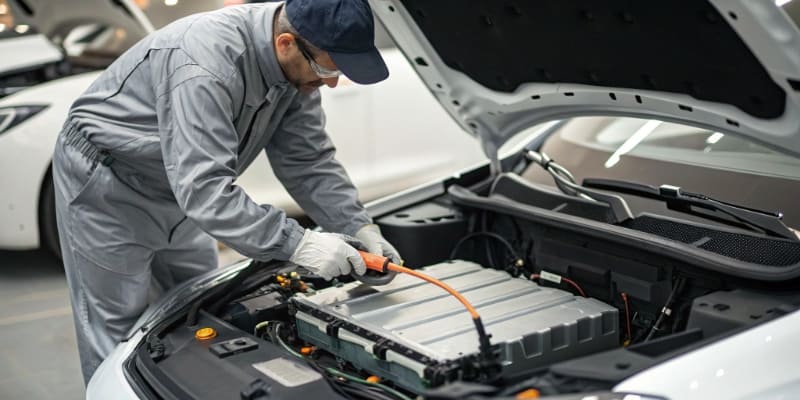 Technician working on EV battery installation
