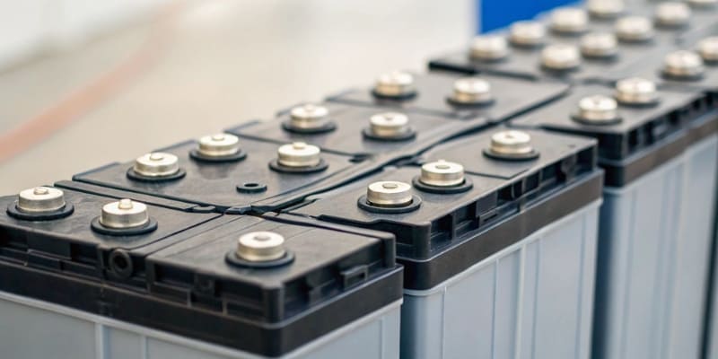 An LFP battery next to a heavier AGM battery for comparison