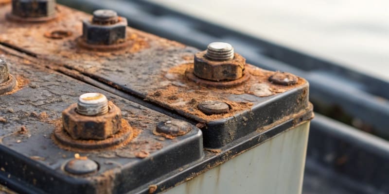 Close-up of corroded battery terminals