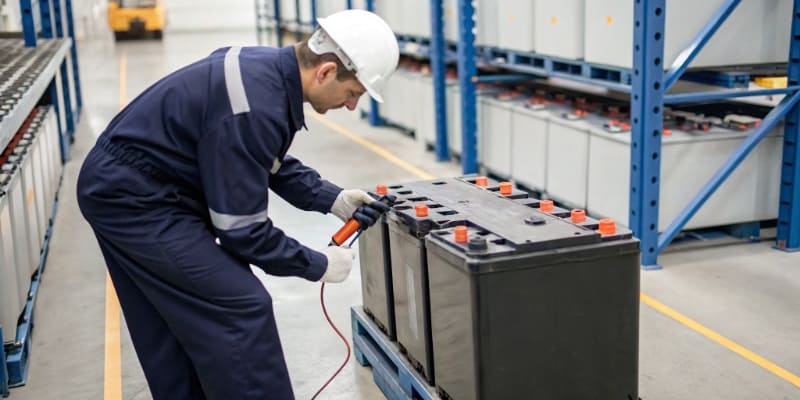 Testing Warehouse Battery Health A technician testing a large industrial battery