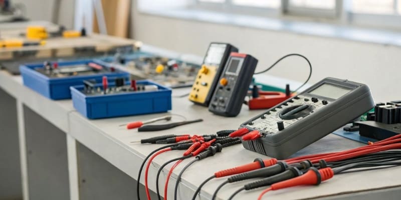 A workbench with various battery testing tools like multimeters and power supplies
