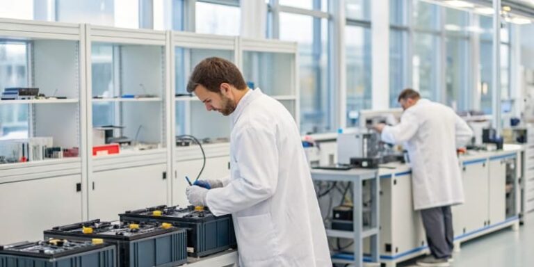 Technicians performing battery quality tests