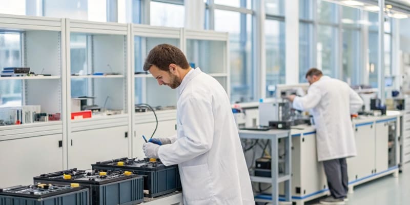 Technicians performing battery quality tests