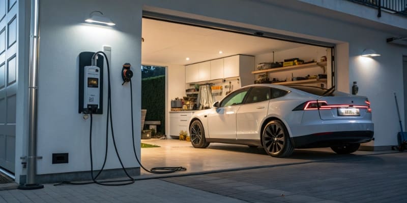 An electric car charging in a garage