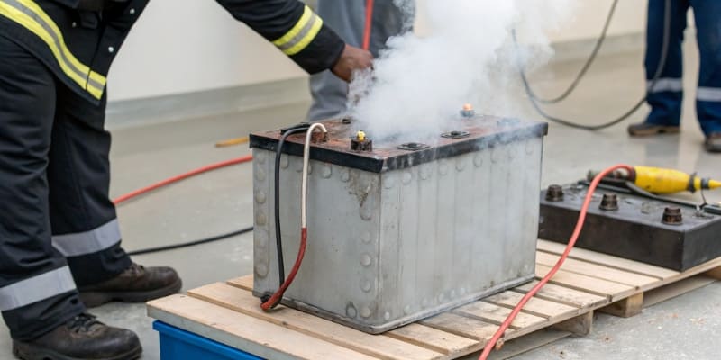 An LFP battery cell undergoing a nail penetration test and only emitting smoke