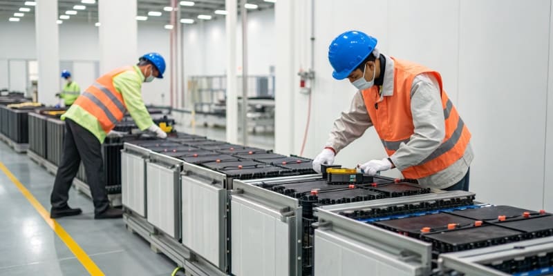 An industrial setting showing LFP battery packs being assembled
