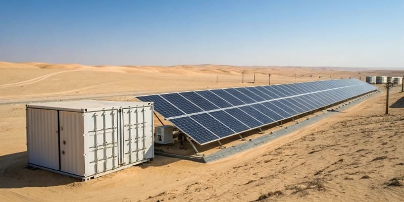 A solar panel array in the desert connected to a Litop battery storage unit