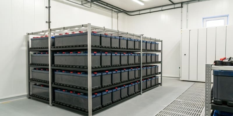 A stack of LFP battery packs in a clean storage room