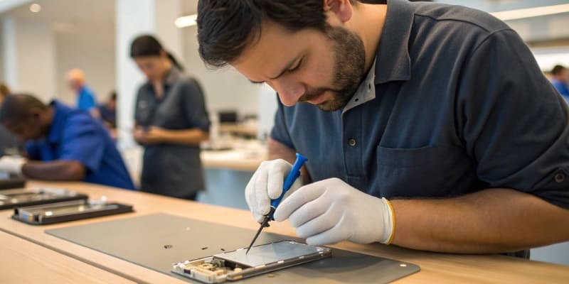 Technician repairs battery for electronic device application