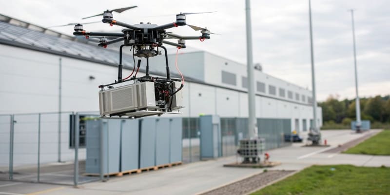An image illustrating the high energy density of an NMC battery powering a drone