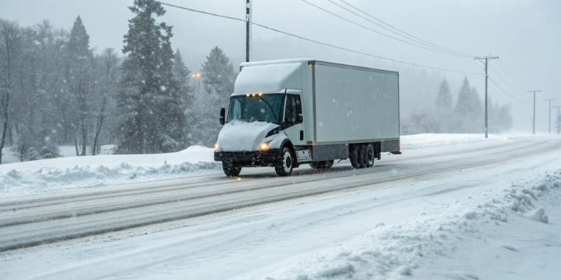 An electric delivery truck driving in snowy conditions