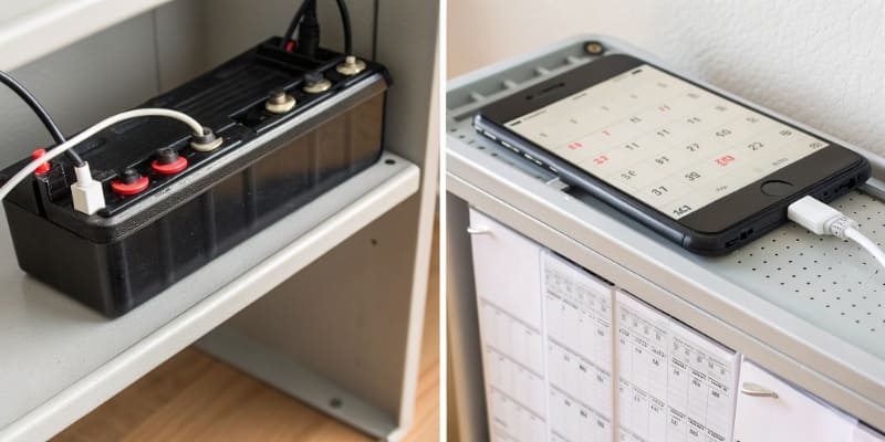 A split image showing a battery on a shelf vs a battery in a device with a calendar