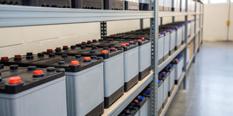 Batteries stored on a shelf in a warehouse