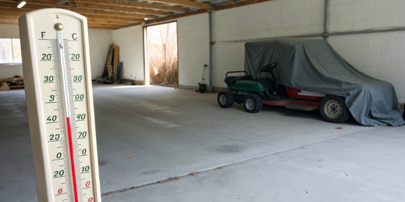 Risks of Storing Batteries in an Unheated Garage A thermometer in a cold garage showing a freezing temperature next to a covered lawnmower