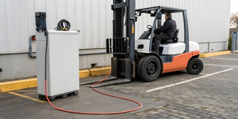 Multiple forklifts charging in warehouse