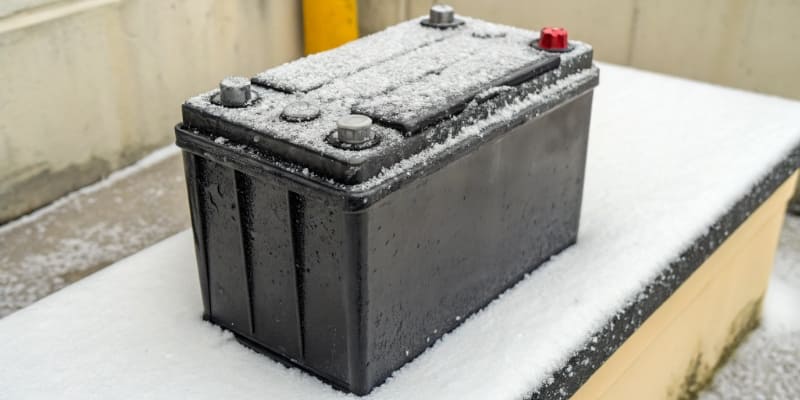 Frozen Lithium Battery Warning A battery covered in frost